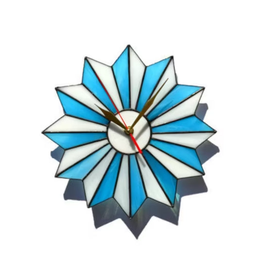 Mid Century Modern Starburst Wall Clock Turquoise Blue White 10 / 14 Inch