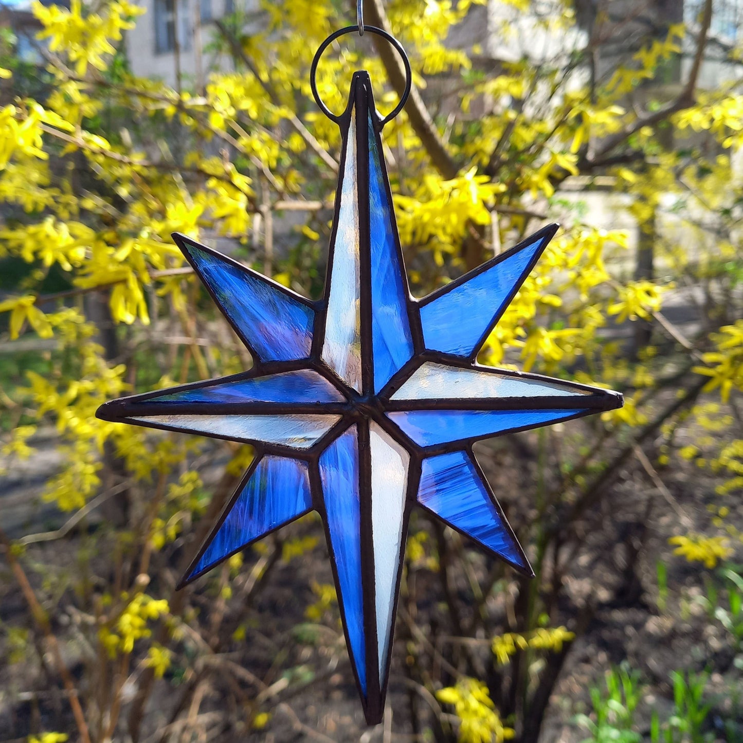 Blue Compass Rose Stained Glass Suncatcher