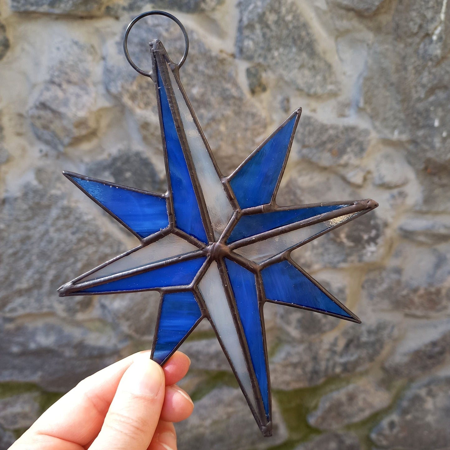 Blue Compass Rose Stained Glass Suncatcher