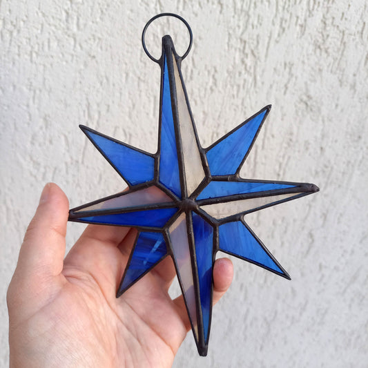 Blue Compass Rose Stained Glass Suncatcher
