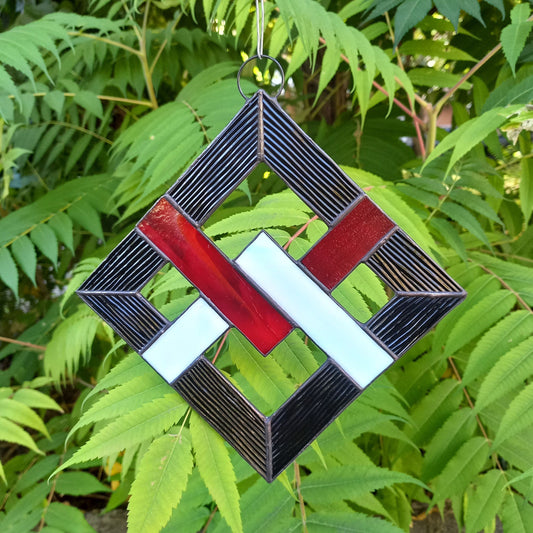 Geometric Abstract Lattice Stained Glass Suncatcher Mid Century Modern Diamond Panel