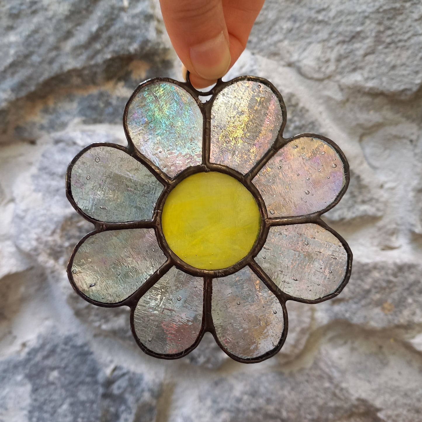 Whimsical Iridescent Clear Daisy Stained Glass Suncatcher