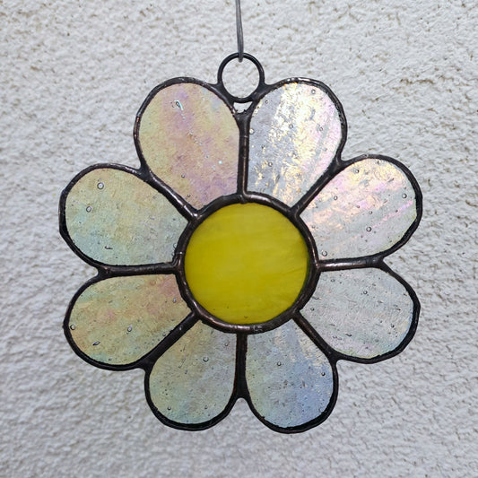 Whimsical Iridescent Clear Daisy Stained Glass Suncatcher