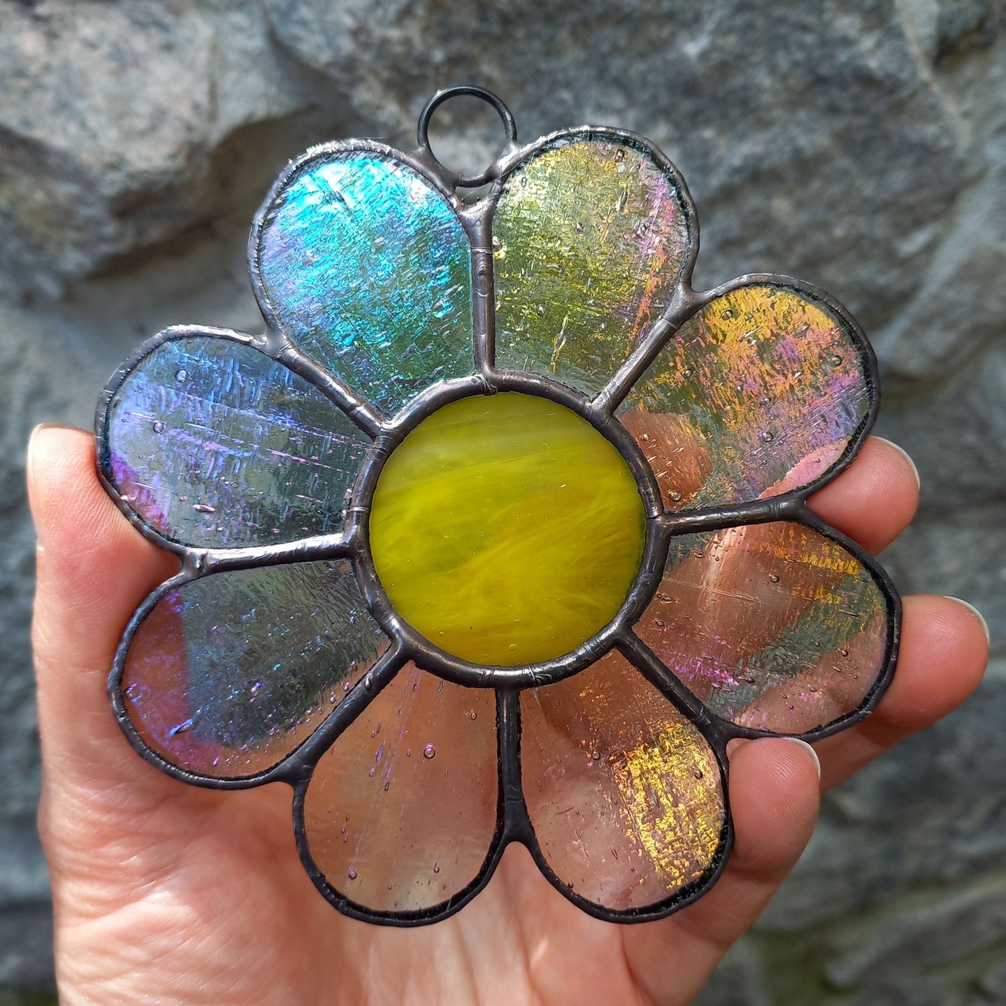Whimsical Iridescent Clear Daisy Stained Glass Suncatcher