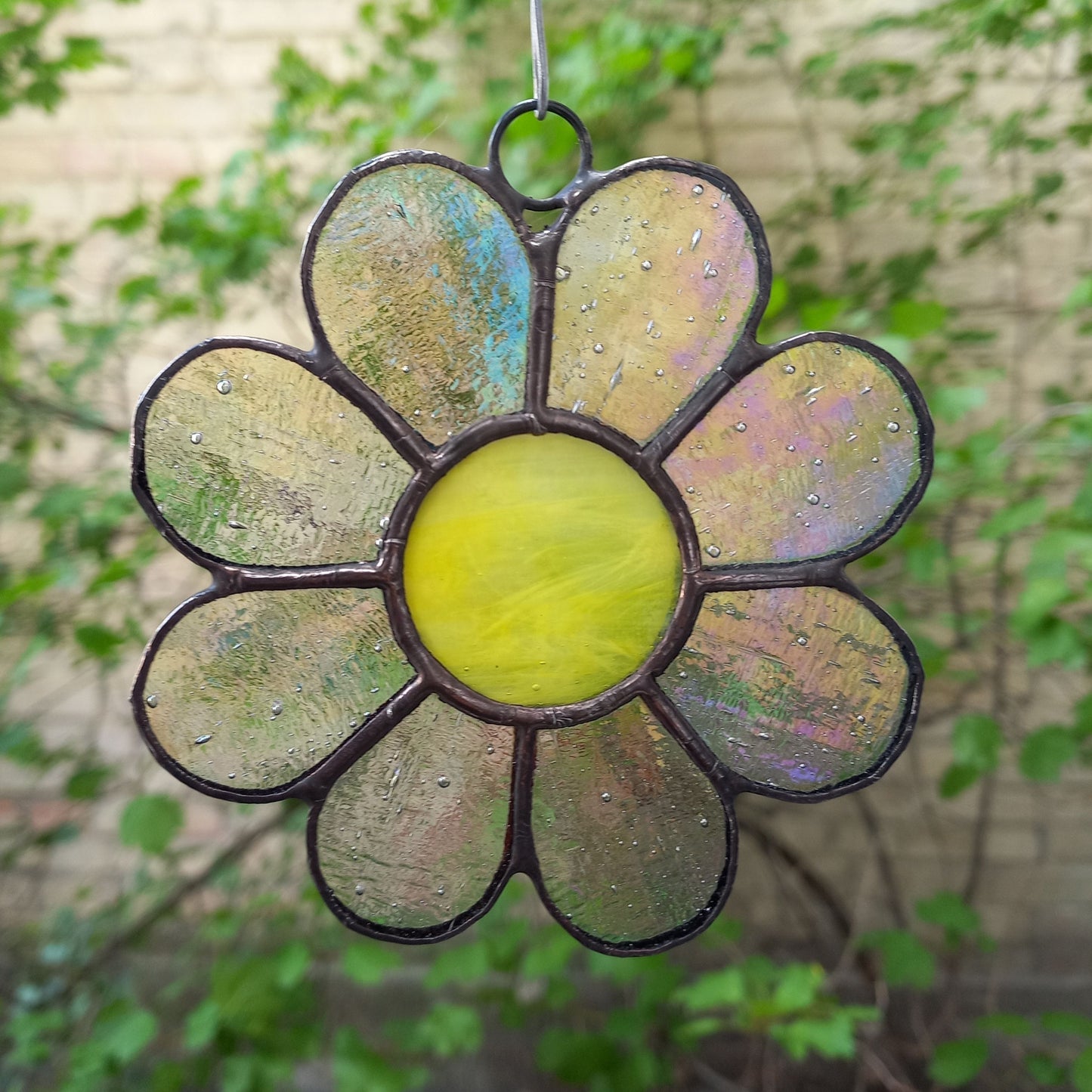 Whimsical Iridescent Clear Daisy Stained Glass Suncatcher