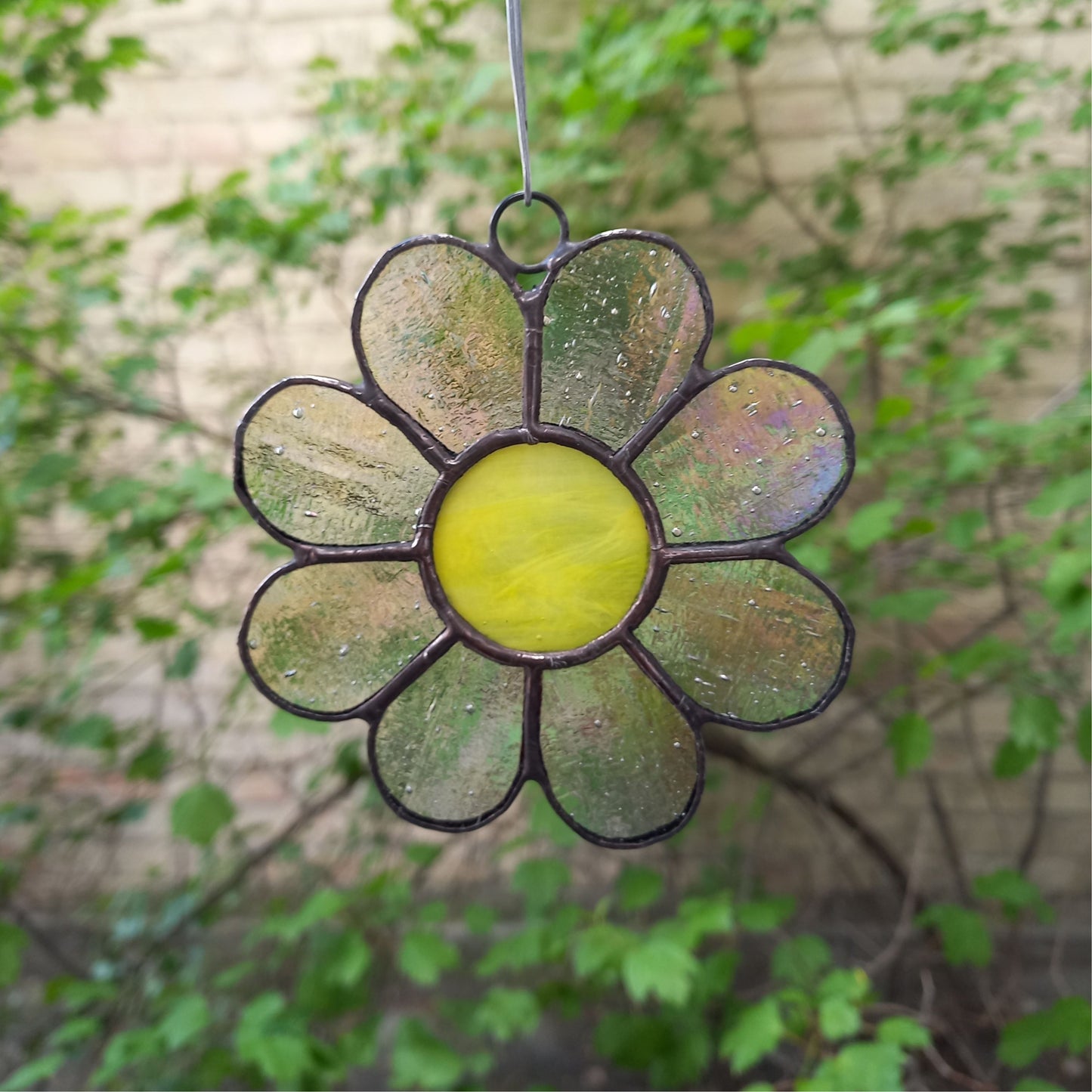 Whimsical Iridescent Clear Daisy Stained Glass Suncatcher