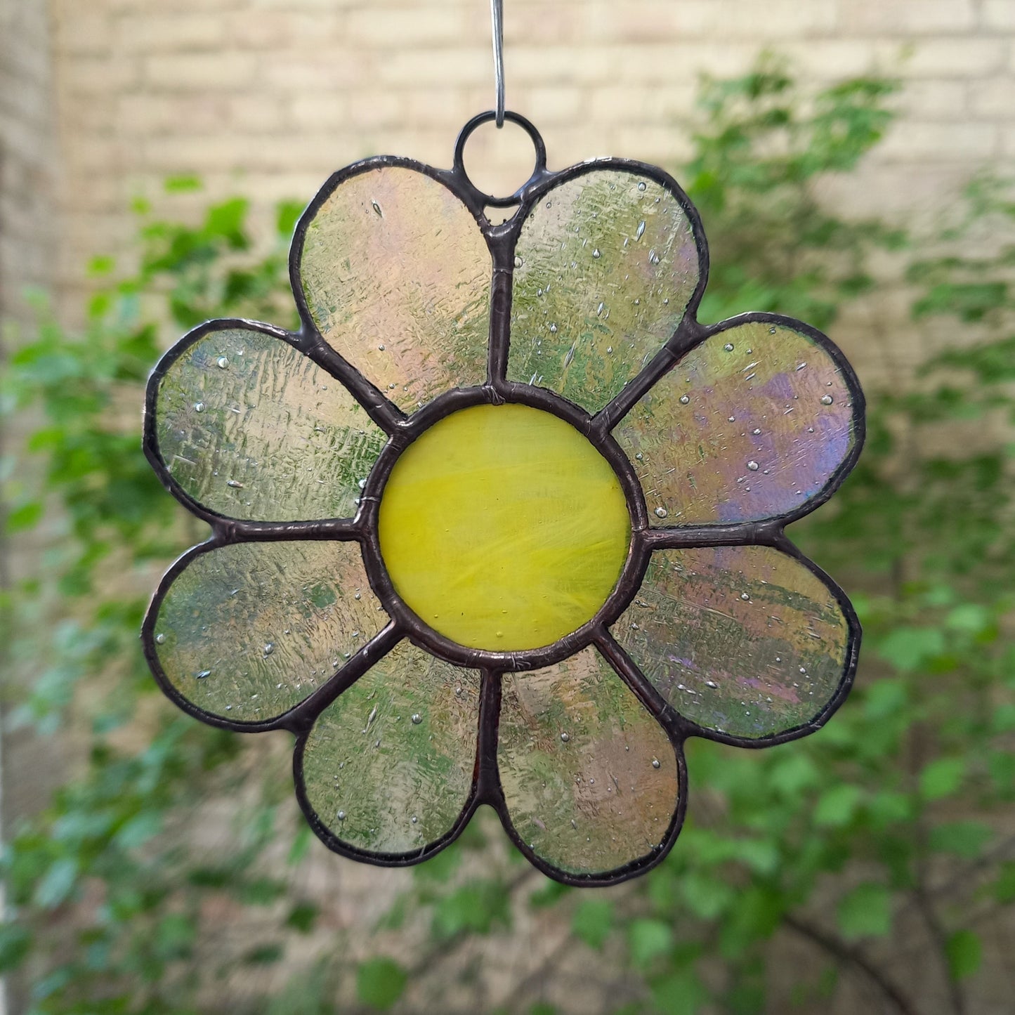 Whimsical Iridescent Clear Daisy Stained Glass Suncatcher
