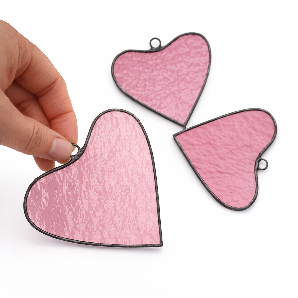 Pink Stained Glass Heart Suncatchers Set of 3