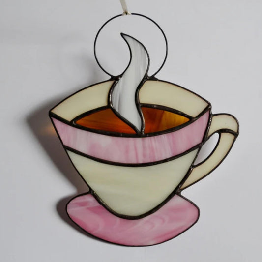 Pink Coffee Cup Stained Glass Suncatcher
