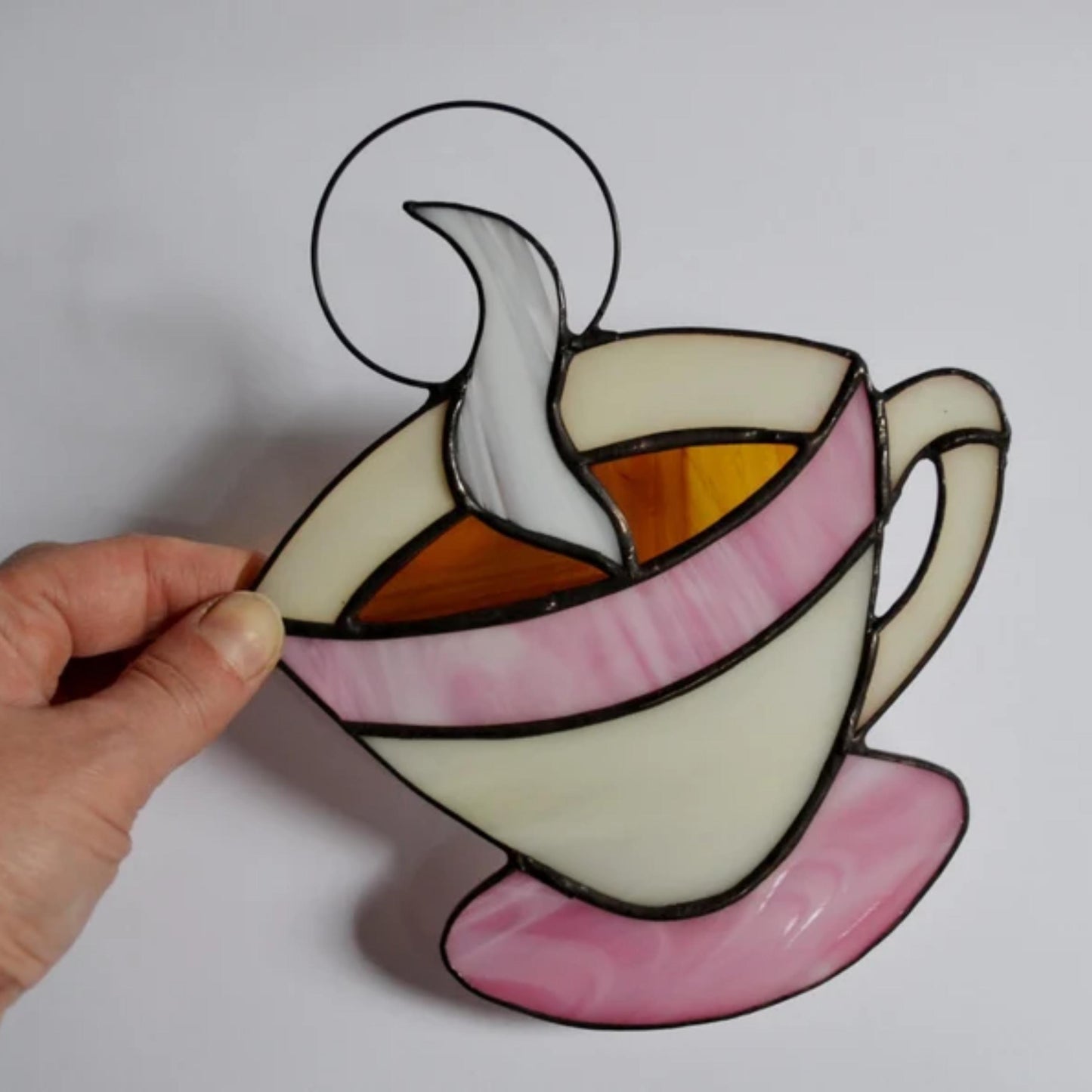 Pink Coffee Cup Stained Glass Suncatcher