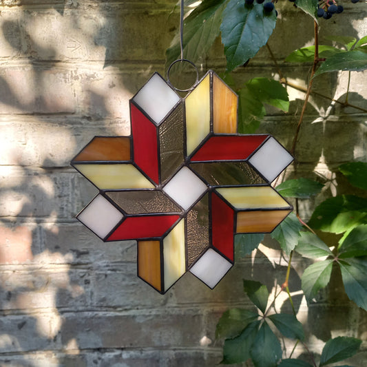 Geometric Quilt Star Stained Glass Suncatcher 3D Optical Illusion in Fall Colors