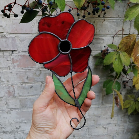 Red Poppy on Stem Stained Glass Suncatcher