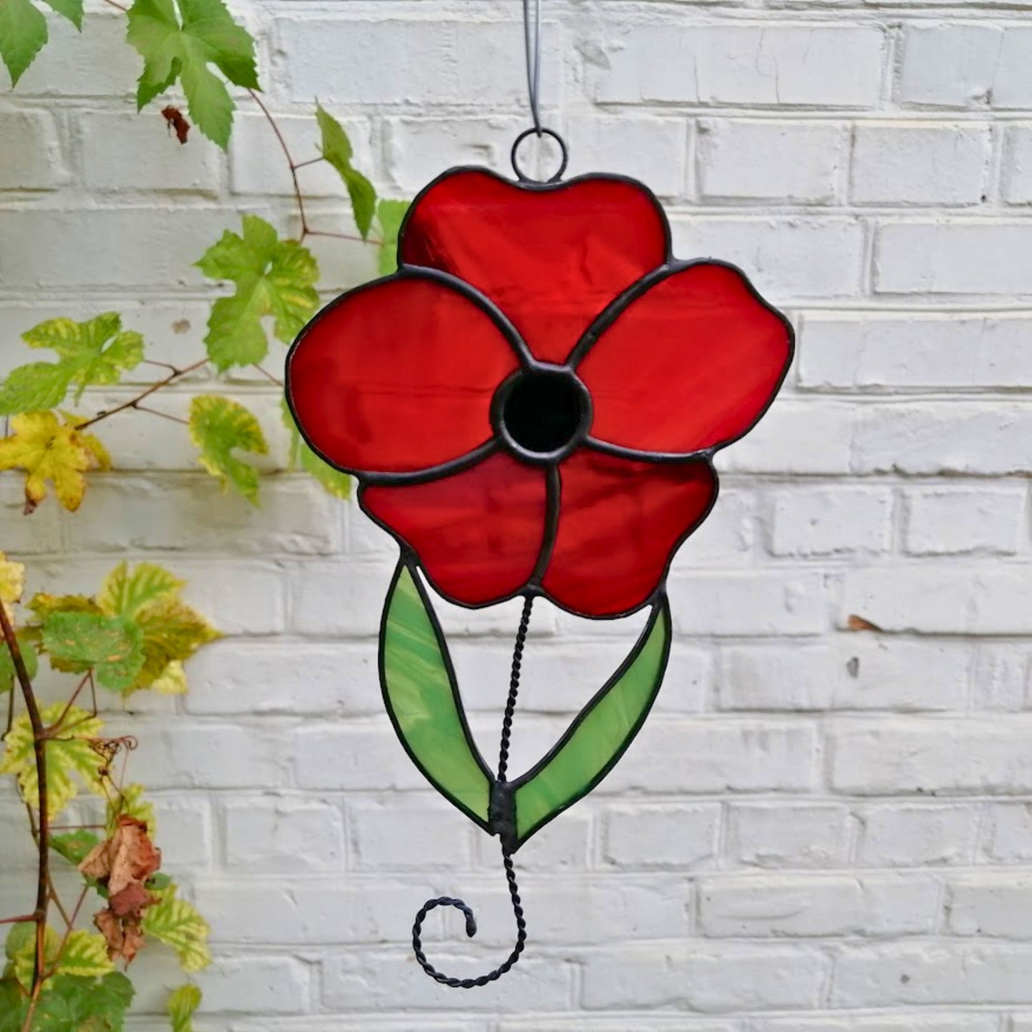 Red Poppy on Stem Stained Glass Suncatcher