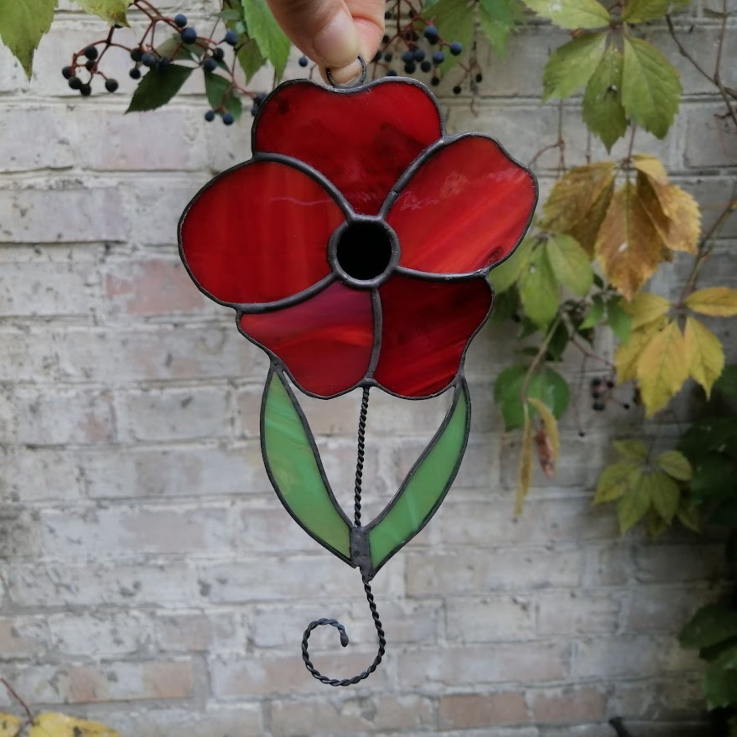 Red Poppy on Stem Stained Glass Suncatcher