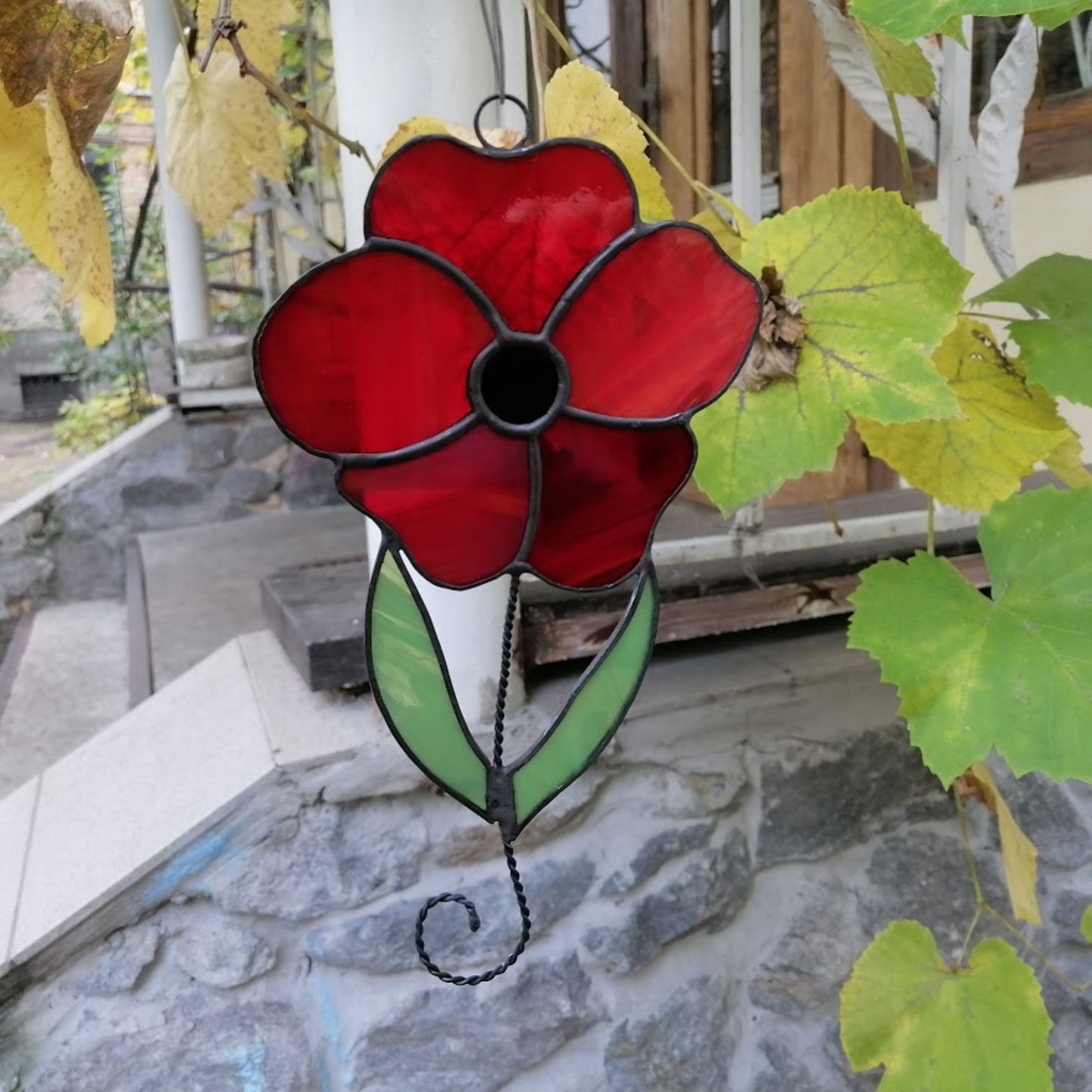 Red Poppy on Stem Stained Glass Suncatcher