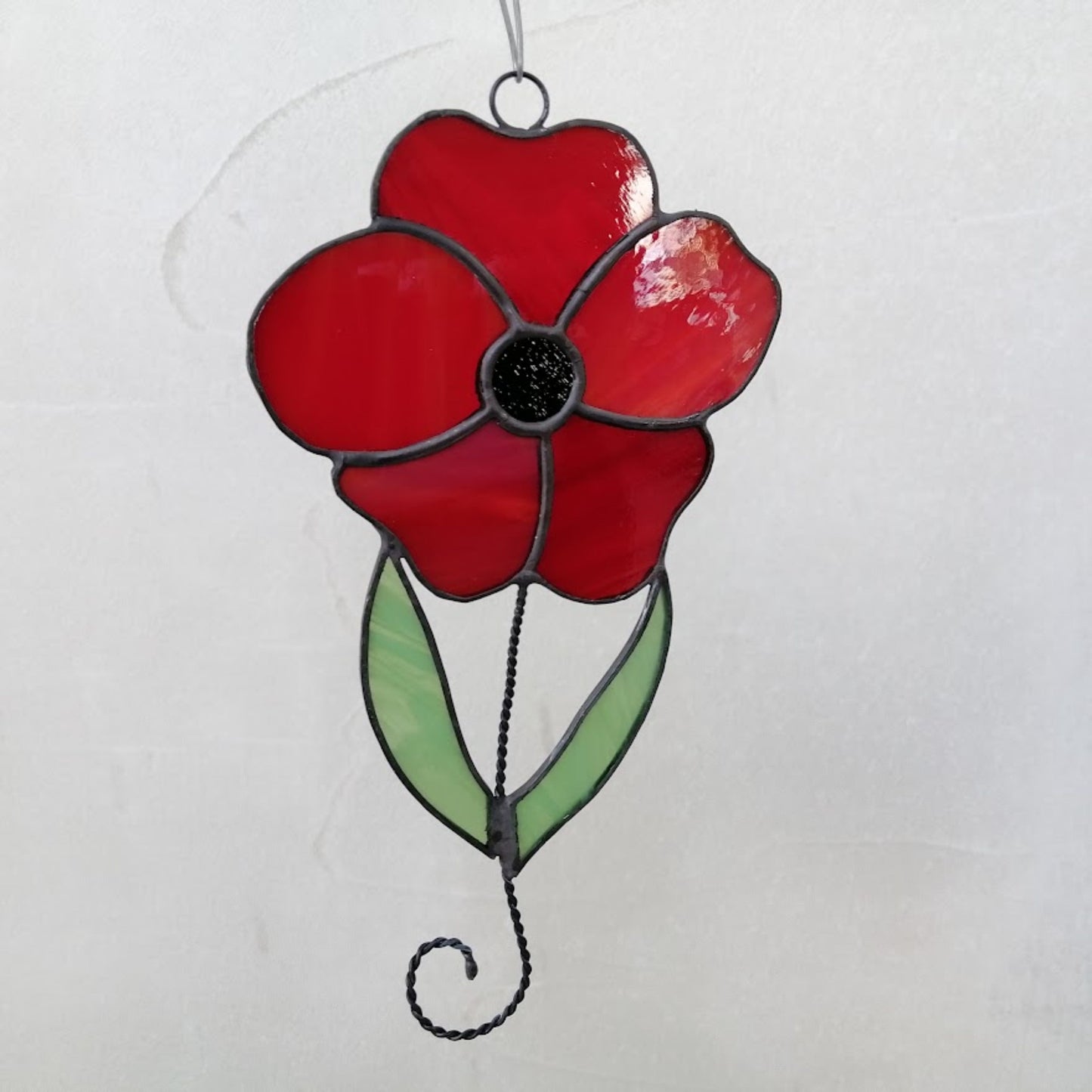 Red Poppy on Stem Stained Glass Suncatcher