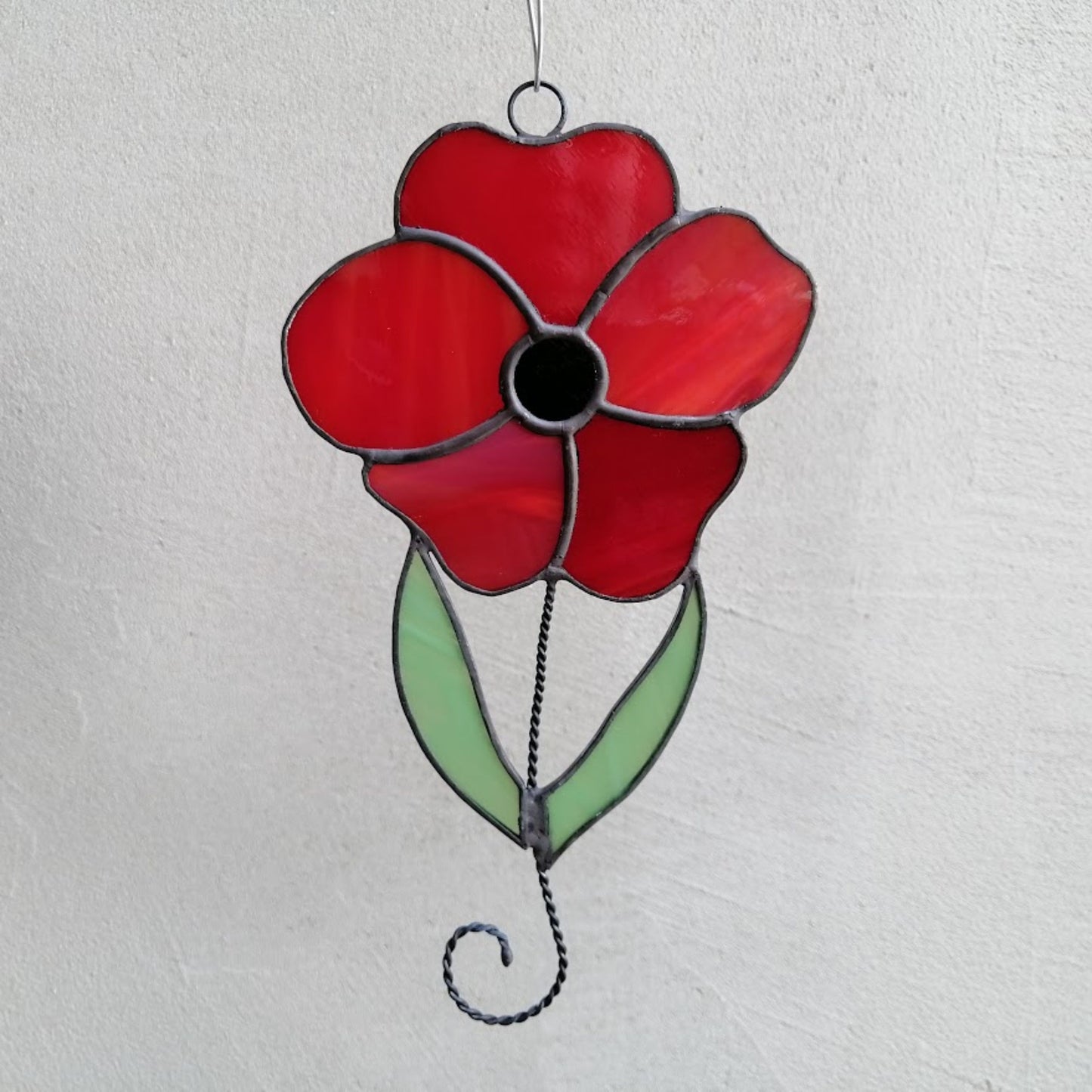 Red Poppy on Stem Stained Glass Suncatcher