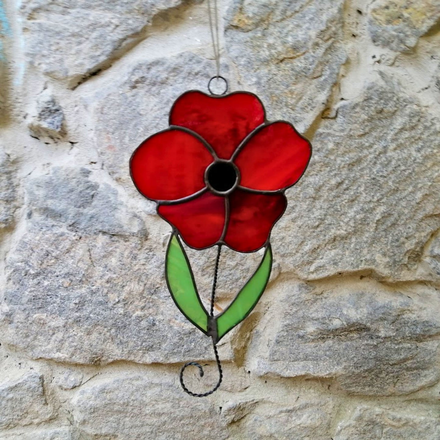 Red Poppy on Stem Stained Glass Suncatcher
