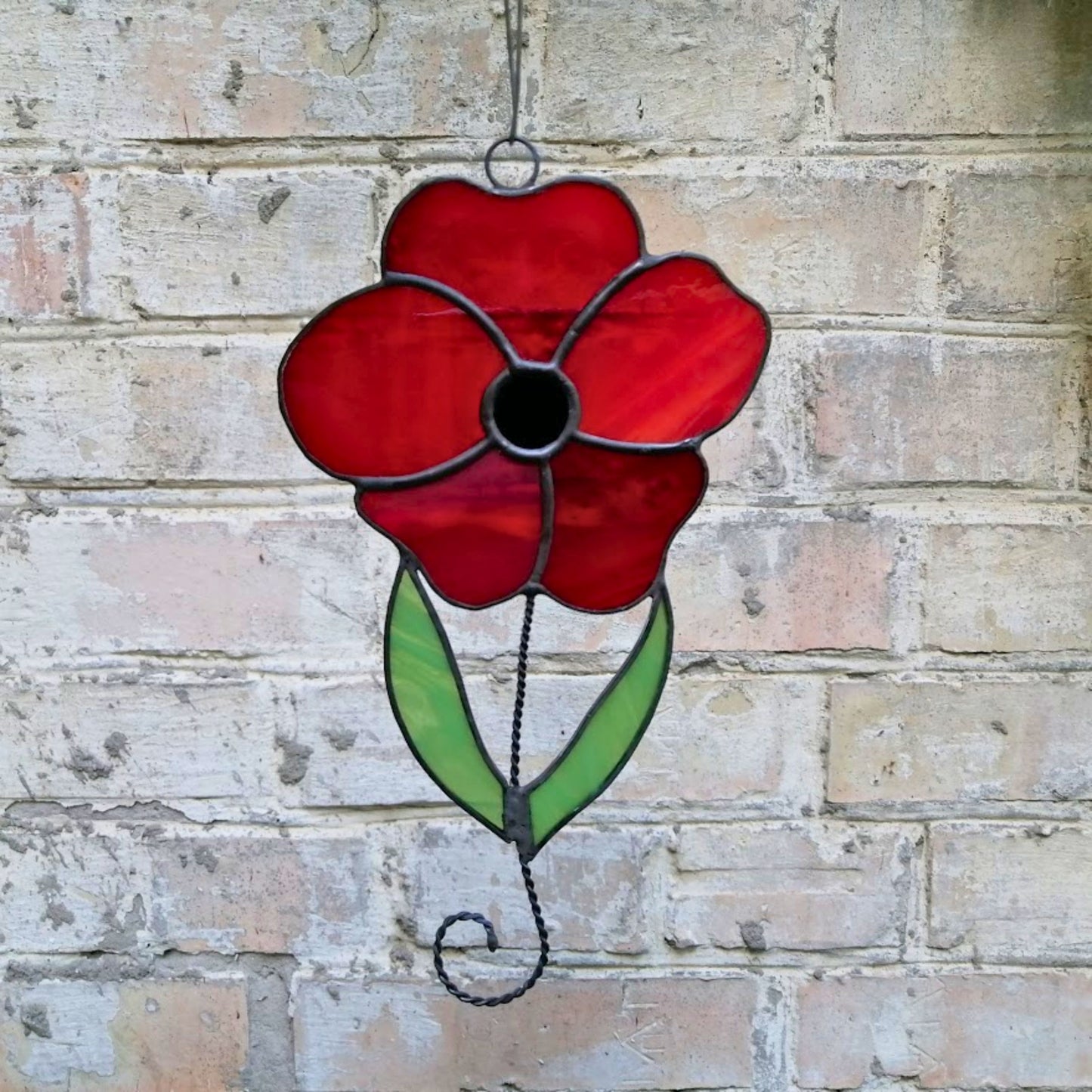 Red Poppy on Stem Stained Glass Suncatcher