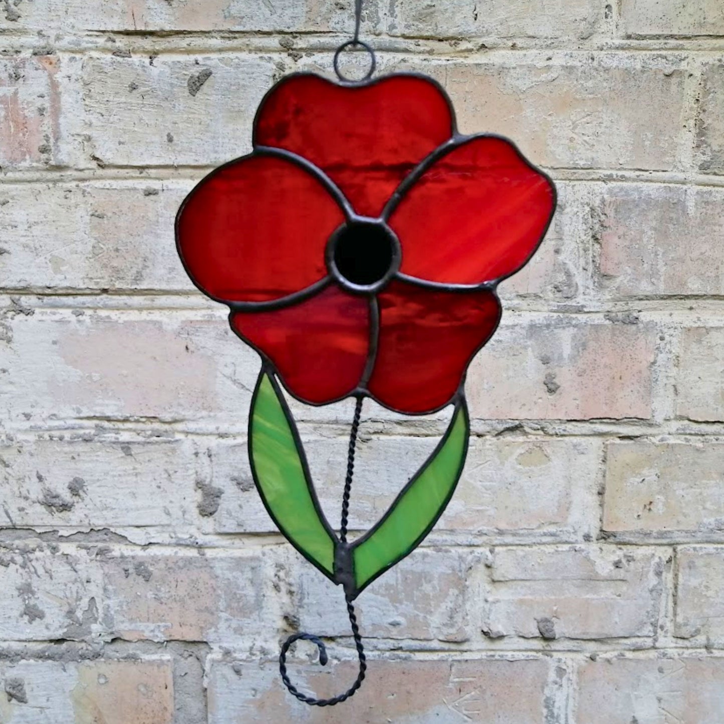 Red Poppy on Stem Stained Glass Suncatcher