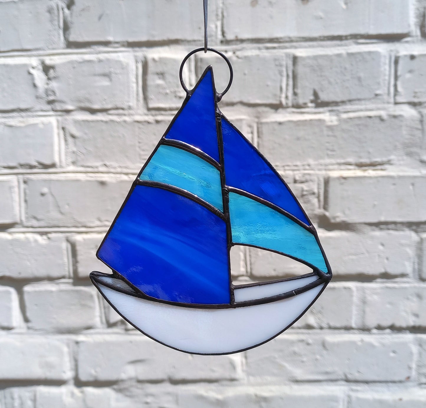 Stained Glass Sailboat Suncatcher with Blue Sails