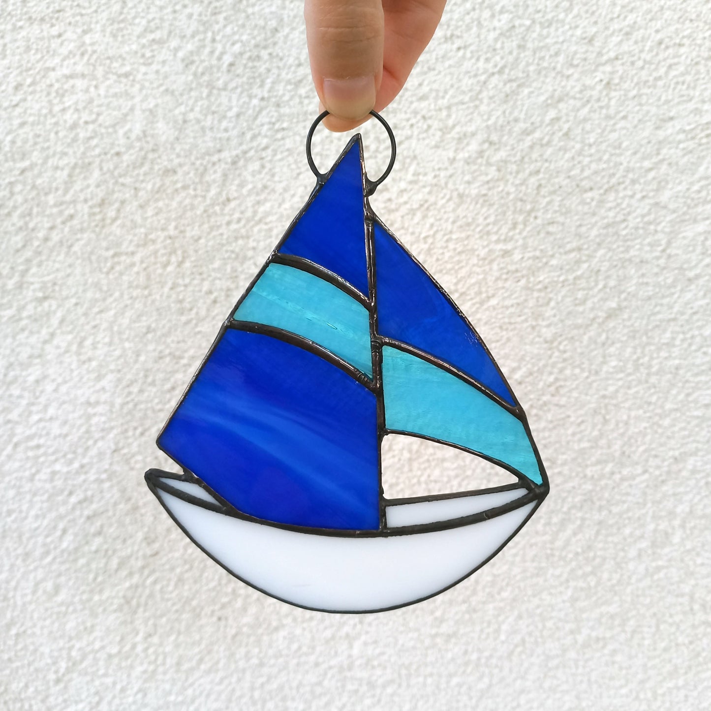 Stained Glass Sailboat Suncatcher with Blue Sails