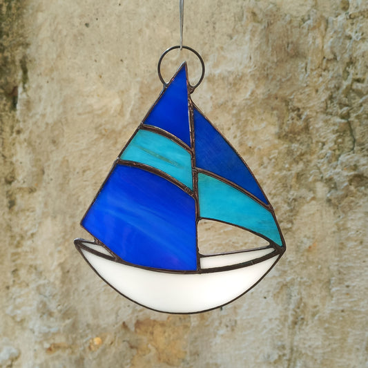 Stained Glass Sailboat Suncatcher with Blue Sails