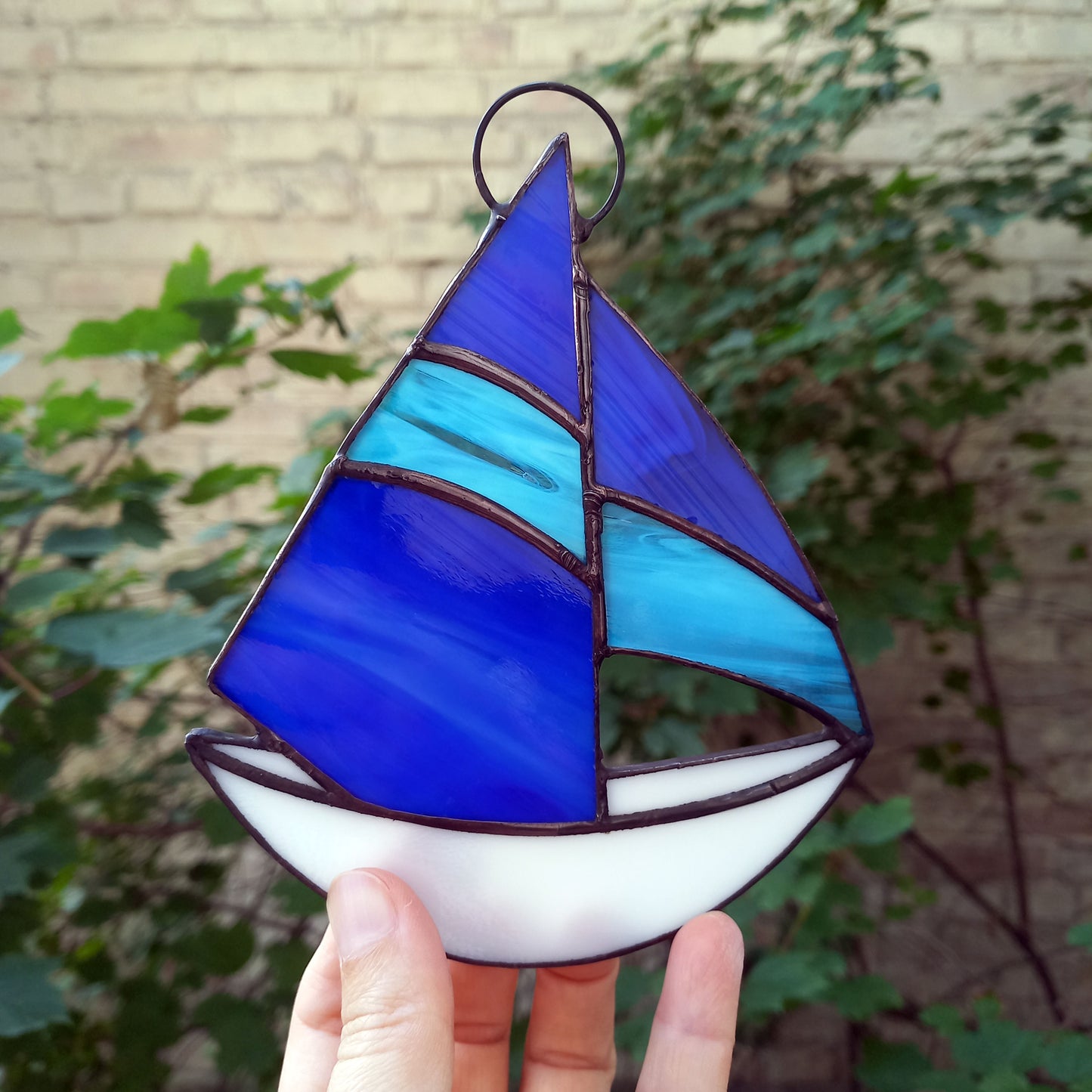 Stained Glass Sailboat Suncatcher with Blue Sails