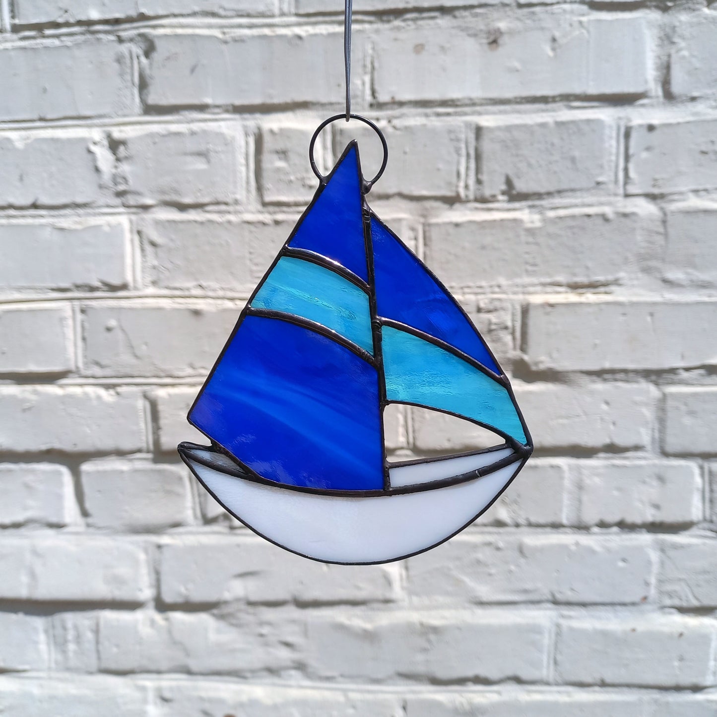 Stained Glass Sailboat Suncatcher with Blue Sails