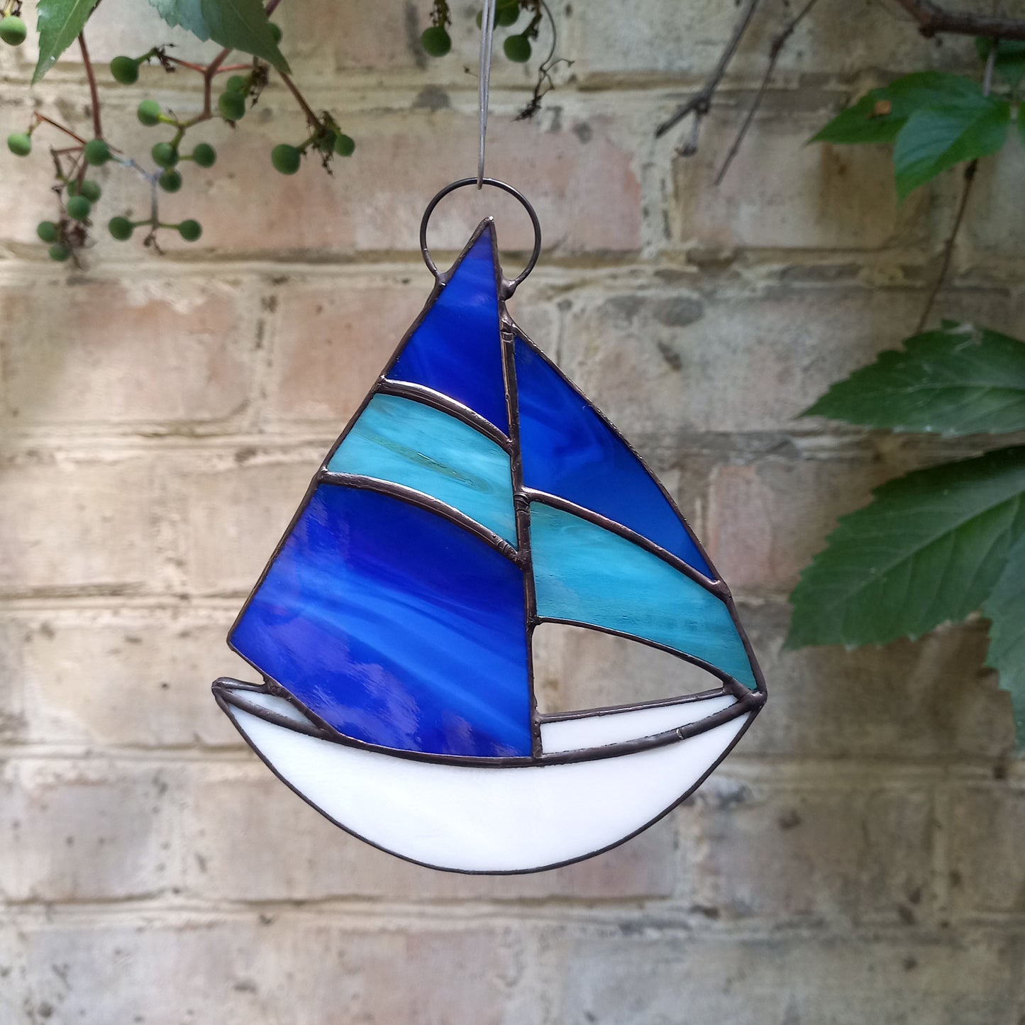 Stained Glass Sailboat Suncatcher with Blue Sails