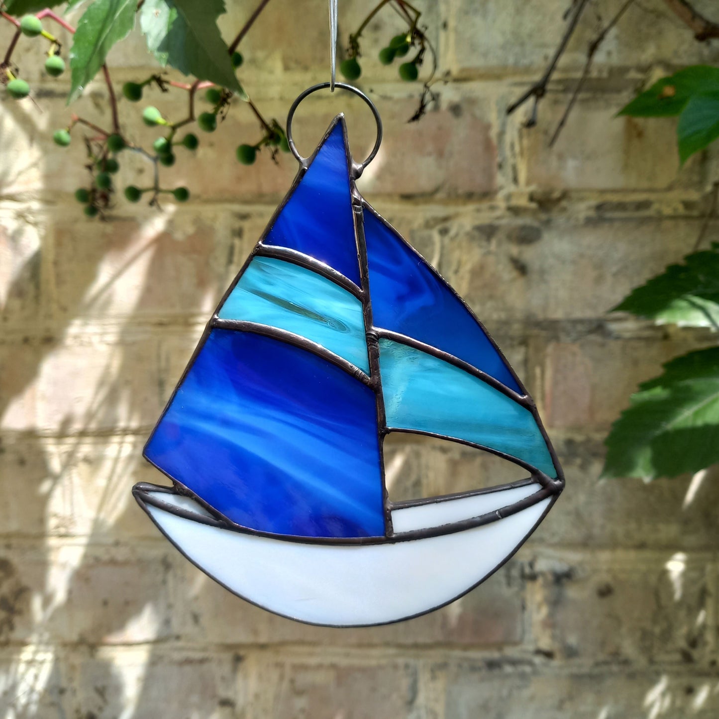 Stained Glass Sailboat Suncatcher with Blue Sails