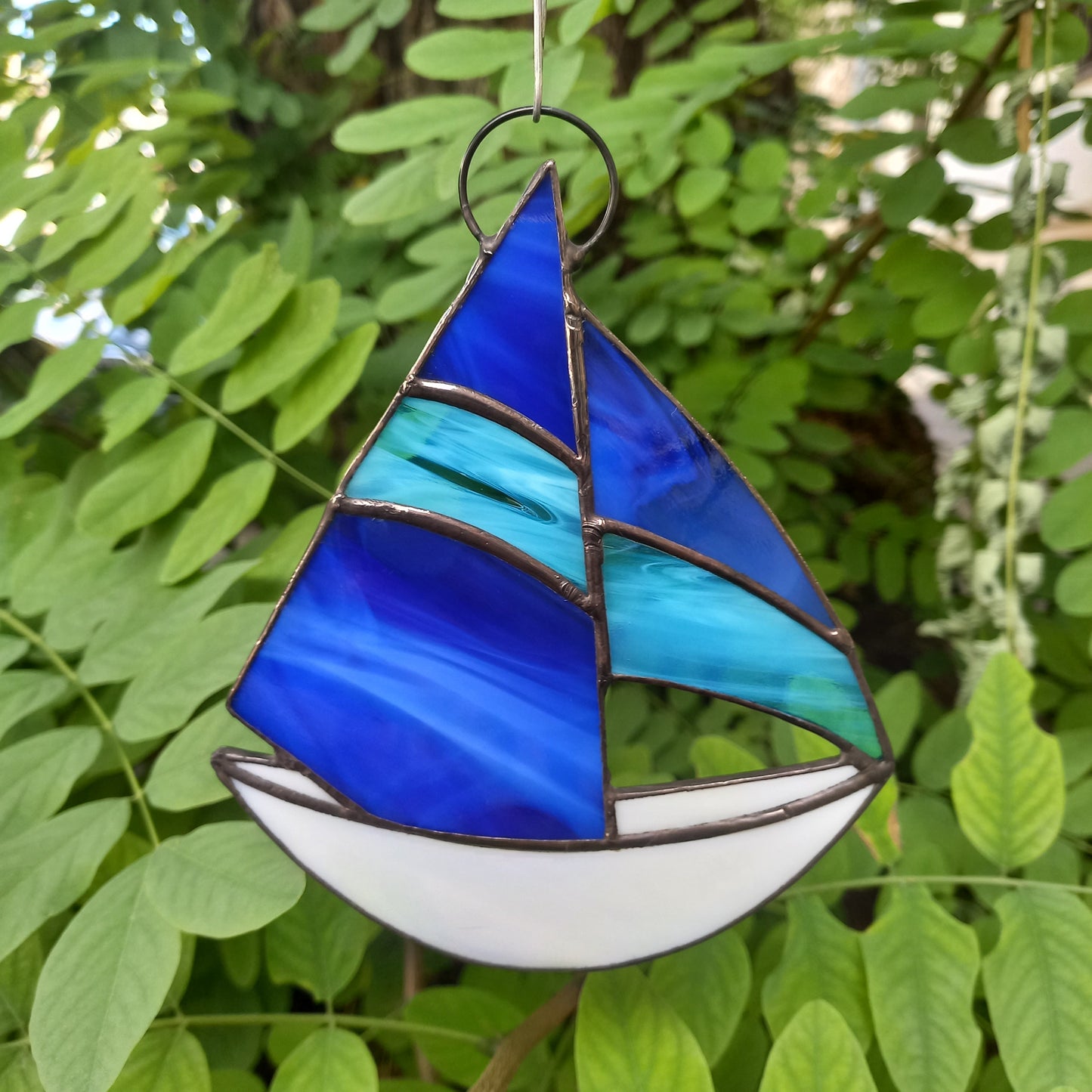Stained Glass Sailboat Suncatcher with Blue Sails
