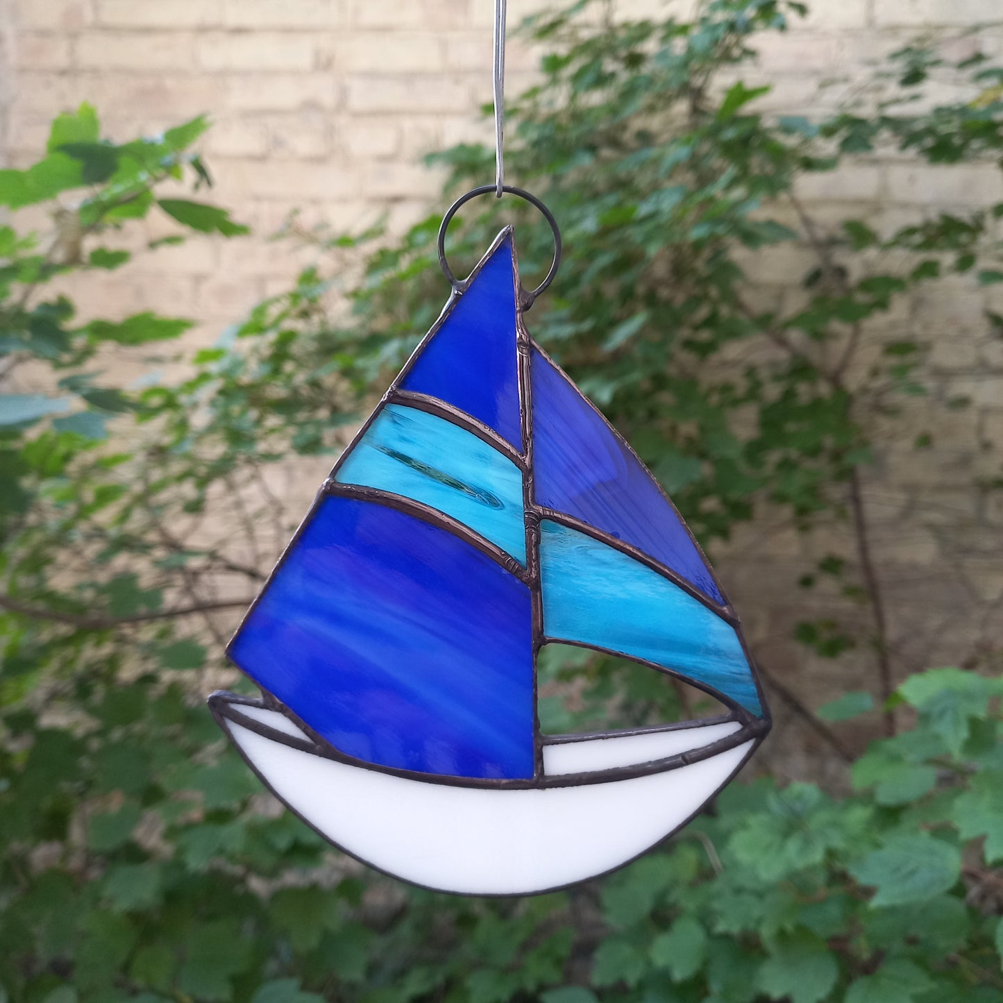 Stained Glass Sailboat Suncatcher with Blue Sails