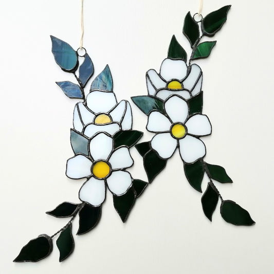 White Sakura Blossom Branch Stained Glass Suncatchers Set of 2