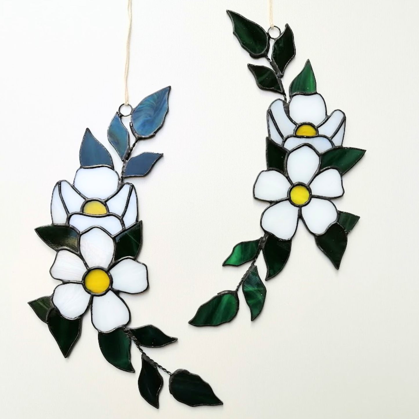 White Sakura Blossom Branch Stained Glass Suncatchers Set of 2