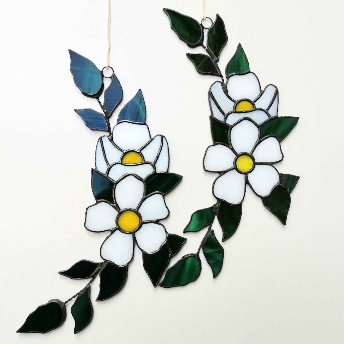 White Sakura Blossom Branch Stained Glass Suncatchers Set of 2