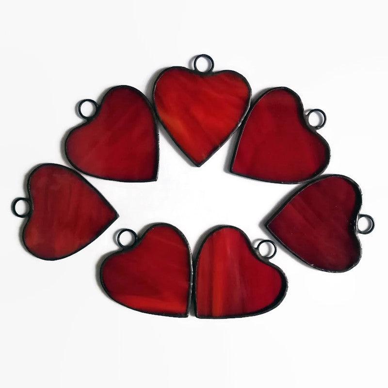 Small Little Red Hearts Stained Glass Suncatcher Ornaments Set of 7