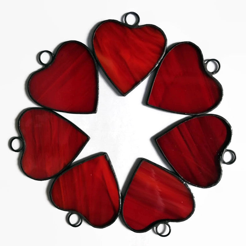 Small Little Red Hearts Stained Glass Suncatcher Ornaments Set of 7