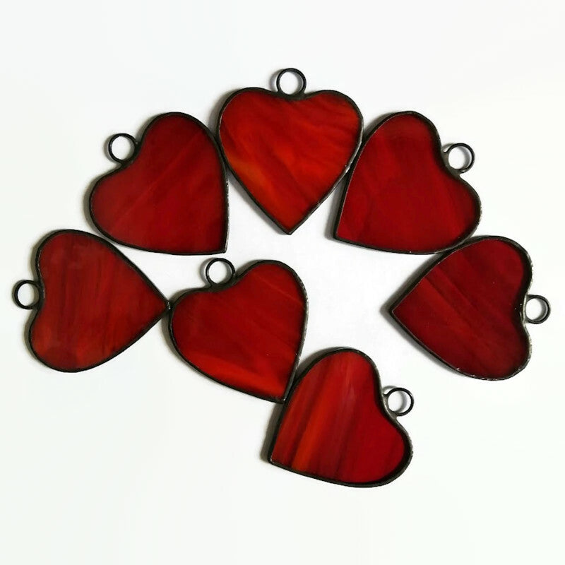 Small Little Red Hearts Stained Glass Suncatcher Ornaments Set of 7