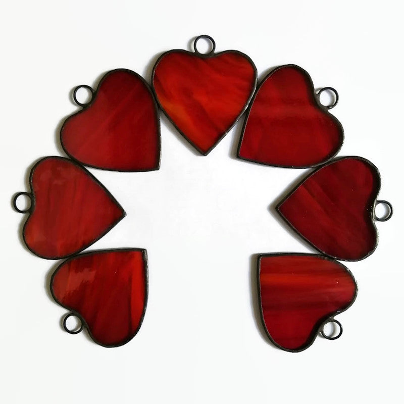 Small Little Red Hearts Stained Glass Suncatcher Ornaments Set of 7