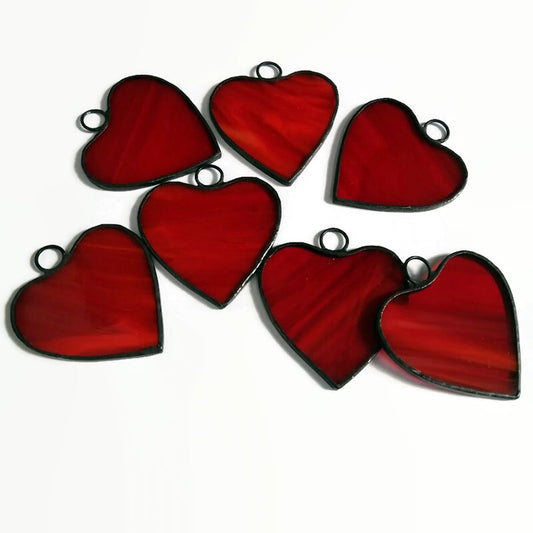 Small Little Red Hearts Stained Glass Suncatcher Ornaments Set of 7