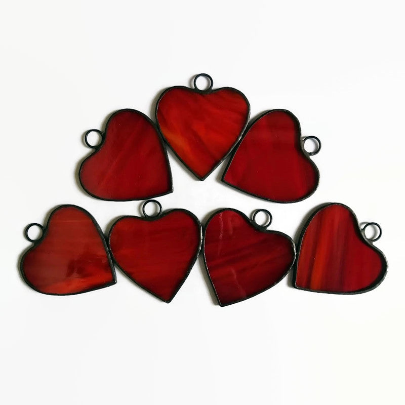 Small Little Red Hearts Stained Glass Suncatcher Ornaments Set of 7