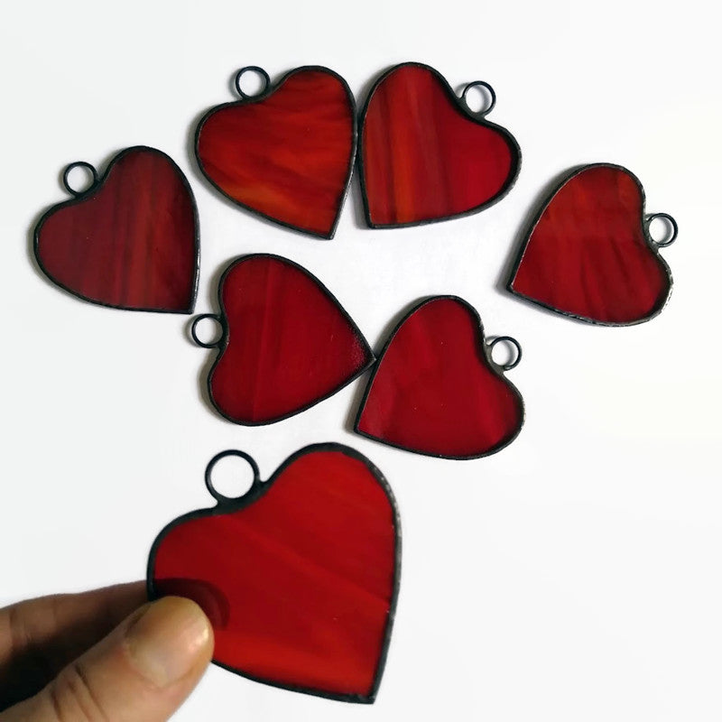 Small Little Red Hearts Stained Glass Suncatcher Ornaments Set of 7
