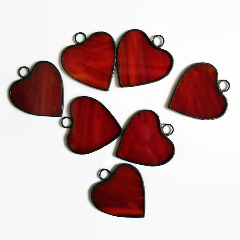 Small Little Red Hearts Stained Glass Suncatcher Ornaments Set of 7