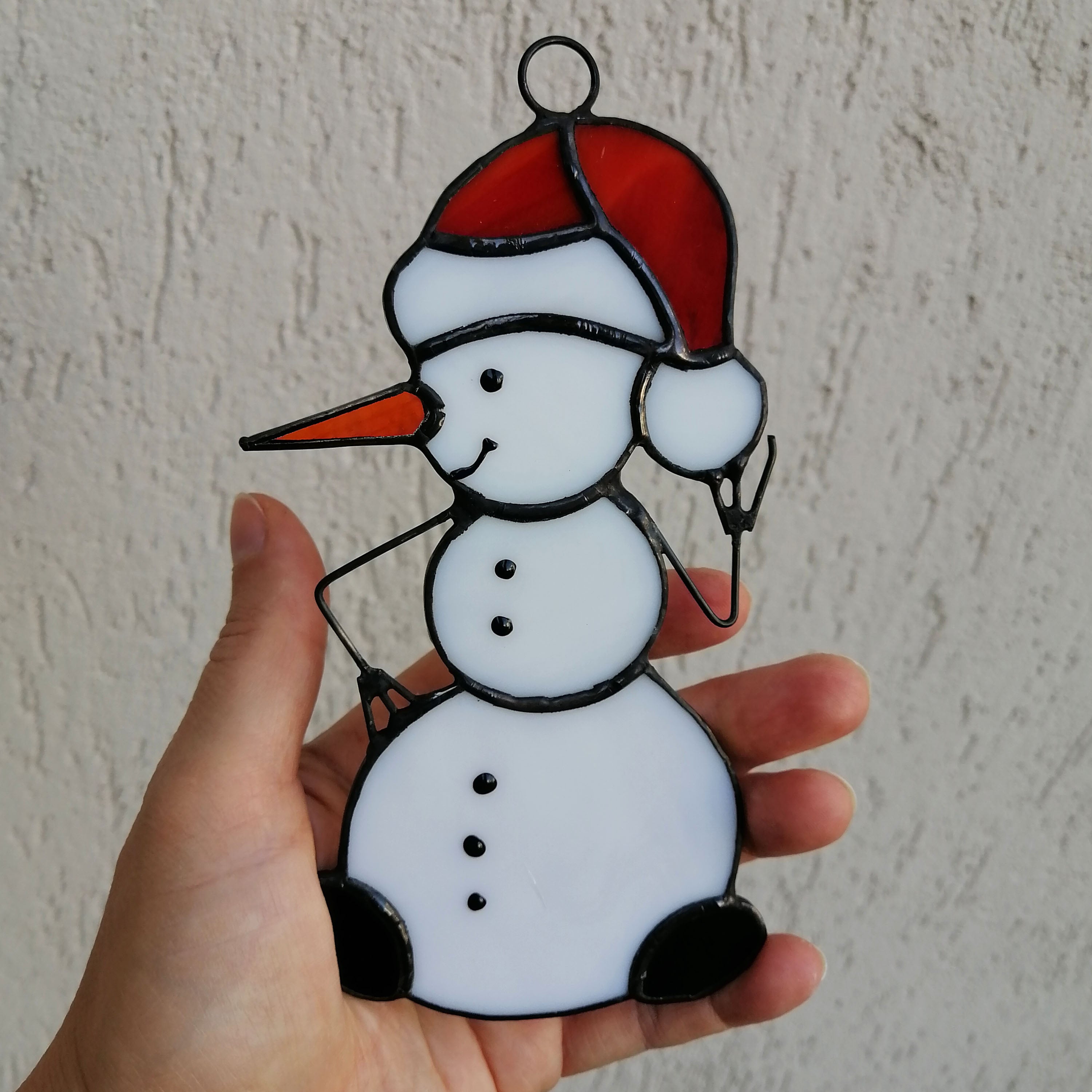 Snowman Christmas Ornament, Stained Glass Winter Decor Suncatcher, Gift for hot Mom, Stocking Stuffer, Hand Painted, Unisex Gift, Snowball Fun