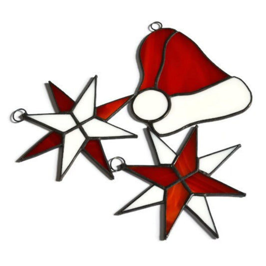 Set of 3 Stained Glass Christmas Ornaments Santa Hat and Stars Red White