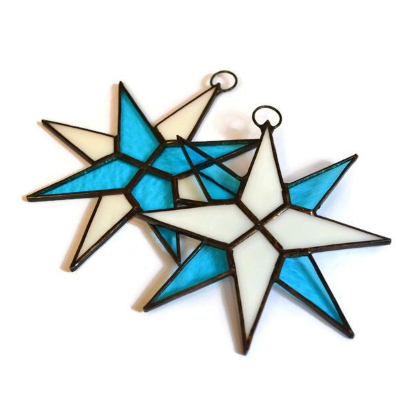 Christmas Star Stained Glass Ornaments Set of 2 Blue White