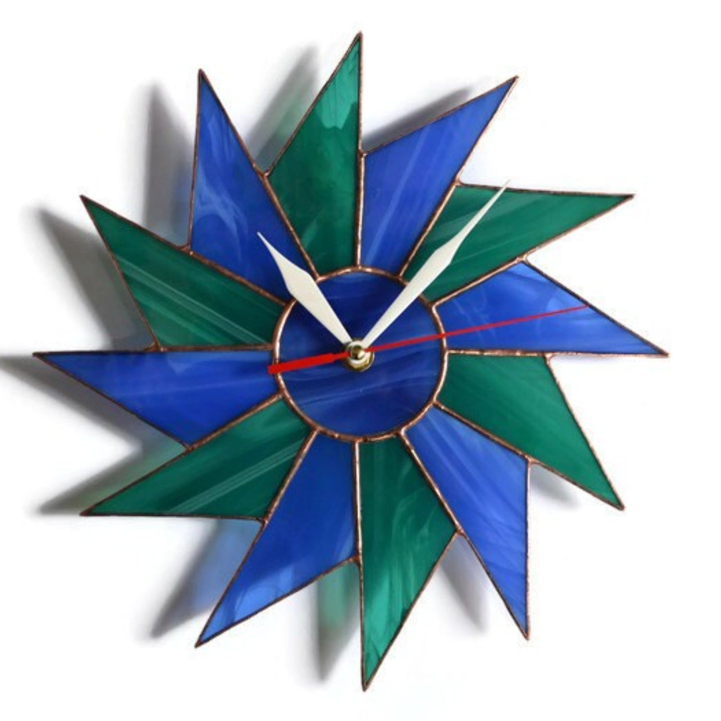 Stained Glass Starburst Wall Clock Blue Teal 10 / 12 Inch