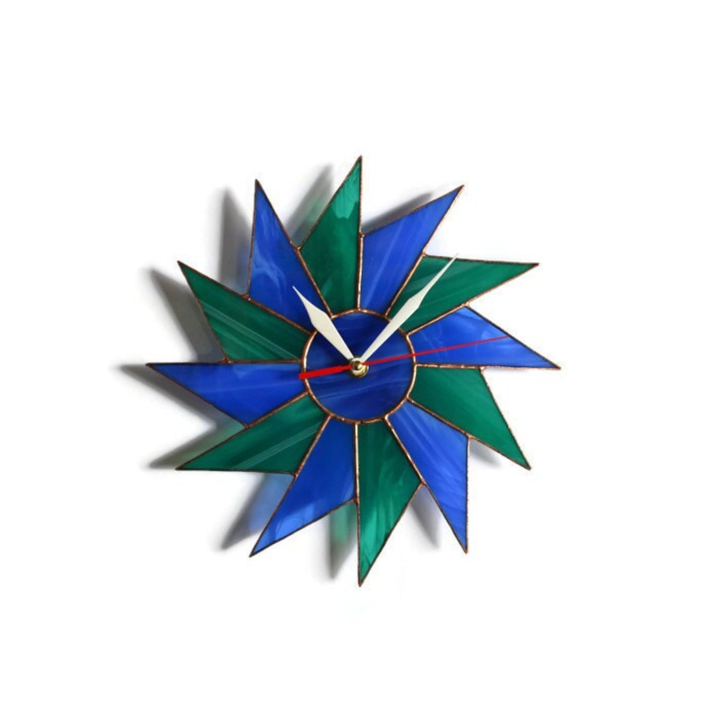 Stained Glass Starburst Wall Clock Blue Teal 10 / 12 Inch