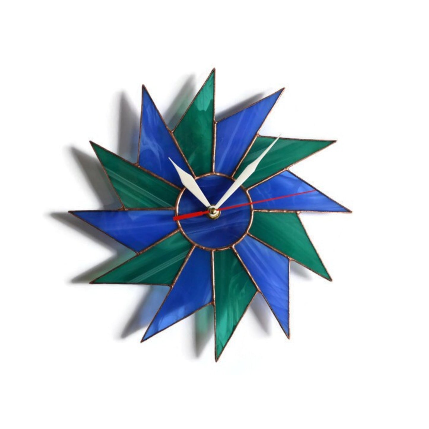Stained Glass Starburst Wall Clock Blue Teal 10 / 12 Inch